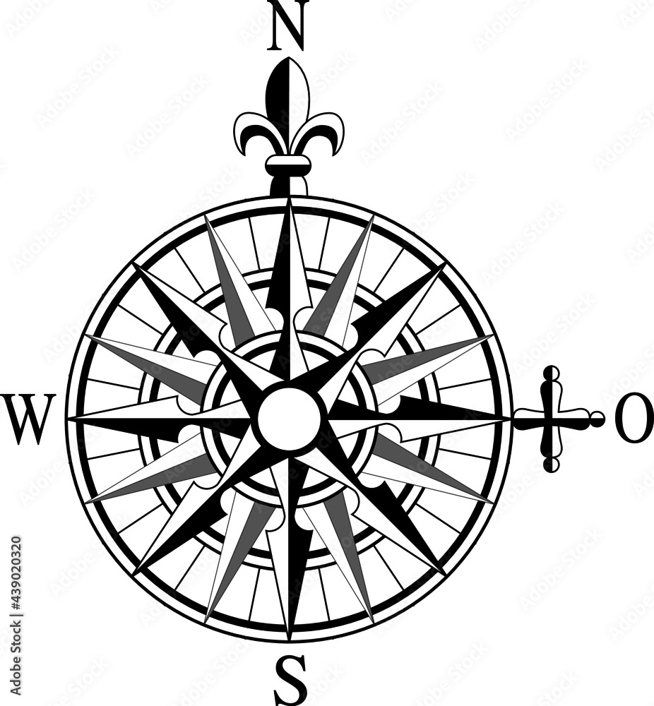 Old navy map symbol. Wind rose and rhumb of North, East, South and West. Vintage nautical compass with cardinal directions vector of navigation antique cartography black on white background isolated