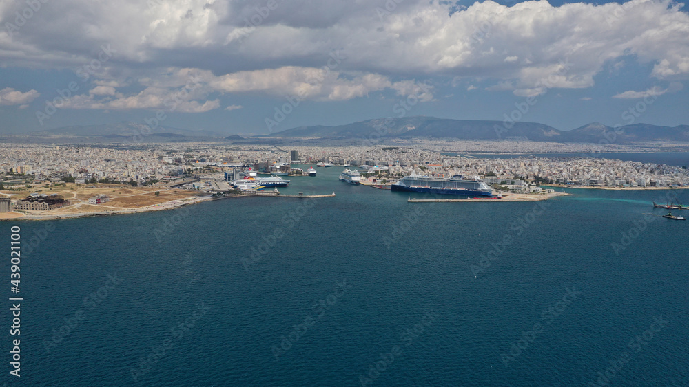 Aerial drone photo of famous port of Piraeus one of the largest in Europe, Attica, Greece