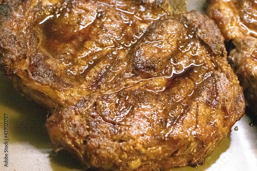 Close up view of BBQ grilled Steak with juices