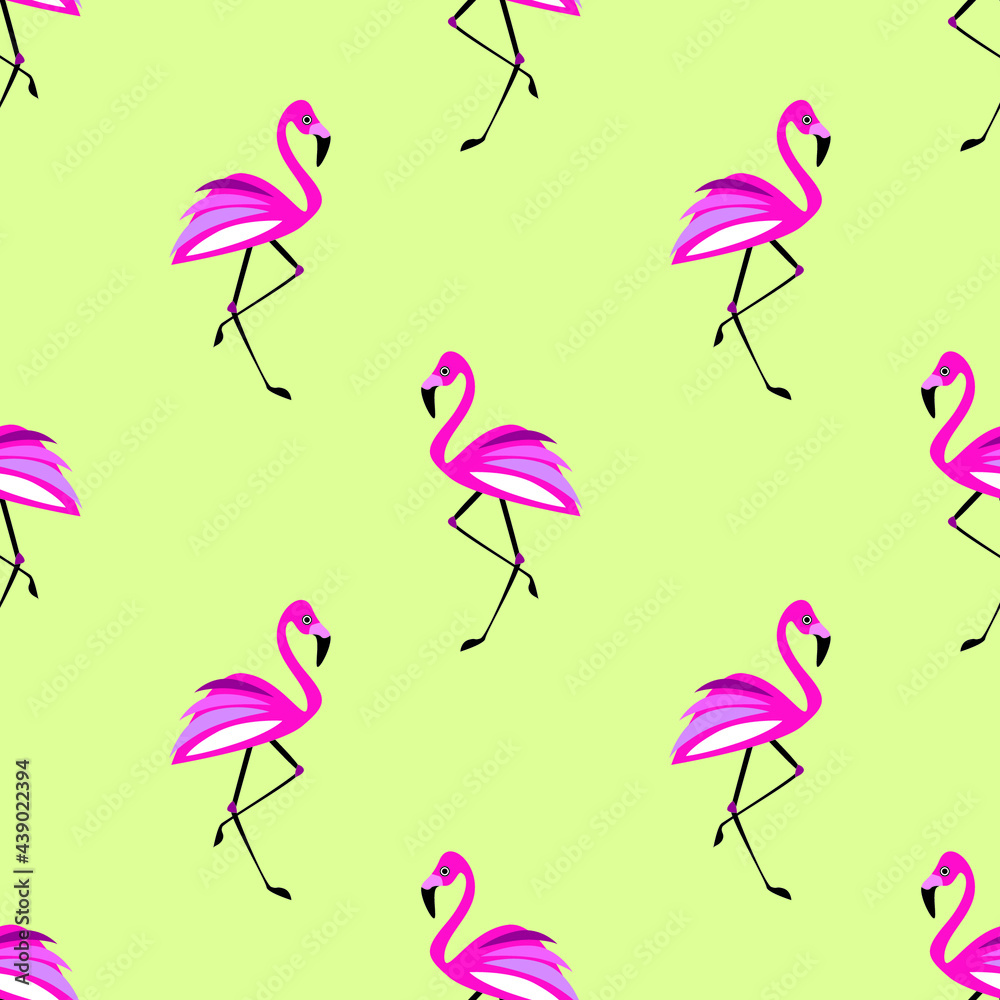 Pink flamingo on yellow background seamless pattern. Vector illustration Pink flamingo on yellow background seamless pattern. Vector illustration