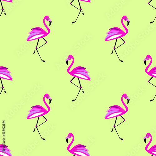 Pink flamingo on yellow background seamless pattern. Vector illustration