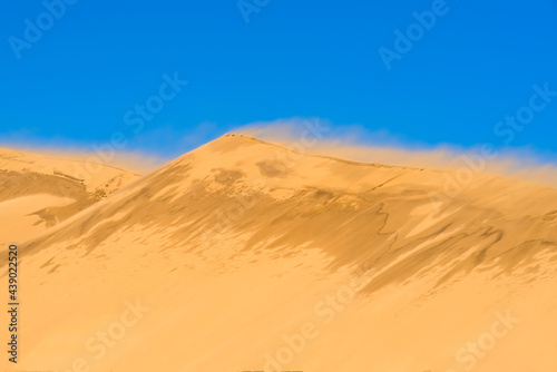 Dune against the background of a bright blue sky. The wind blows the sand off the ridge of the dune. Wild nature landscape. Desktop wallpaper