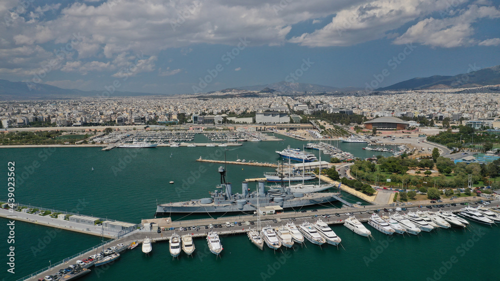 Aerial drone view of famous port of Flisvos with luxury anchored yachts and sail boats, Faliro Marina, Athens riviera, Attica, Greece Aerial drone view of famous port of Flisvos with luxury anchored yachts and sail boats, Faliro Marina, Athens riviera, Attica, Greece