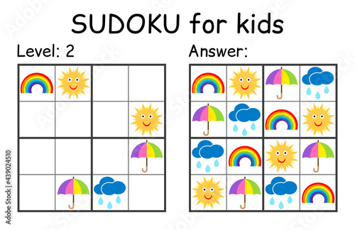 Sudoku. Kids and adult mathematical mosaic. Kids game. Weather theme. Magic square. Logic puzzle game. Digital rebus