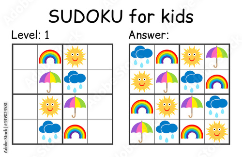 Sudoku. Kids and adult mathematical mosaic. Kids game. Weather theme. Magic square. Logic puzzle game. Digital rebus