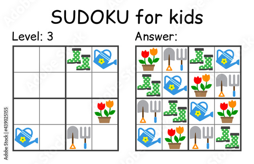 Sudoku. Kids and adult mathematical mosaic. Kids game. Garden theme. Magic square. Logic puzzle game. Digital rebus