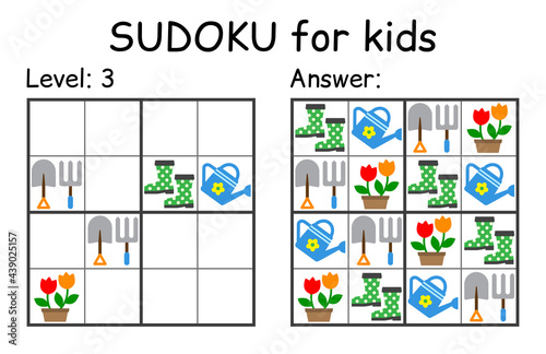 Sudoku. Kids and adult mathematical mosaic. Kids game. Garden theme. Magic square. Logic puzzle game. Digital rebus