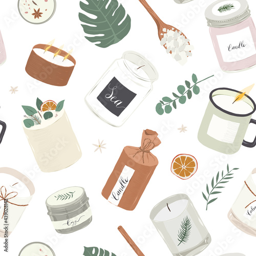 Various scented candles, seamless vector pattern, natural wax aromatic candles, various craft design, home aromatheraphy, interior decoration, hand drawn illustration