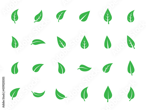 Set of isolated green leaf icons on white background. Various forms of green leaves of trees and plants. Abstract natural leaf icons. Elements for ecotypes and biotypes. Vector illustration. EPS 10