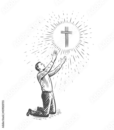 Man kneeling praying to God. Faith, prayer concept. Sketch vector illustration