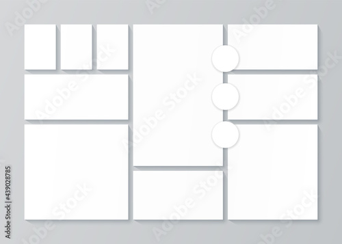 Photo collage template. Moodboard layout. Vector. Pictures grid. Banner with mosaic frames. Mood board background. Photography album. Simple illustration. Branding presentation. Horizontal mockup