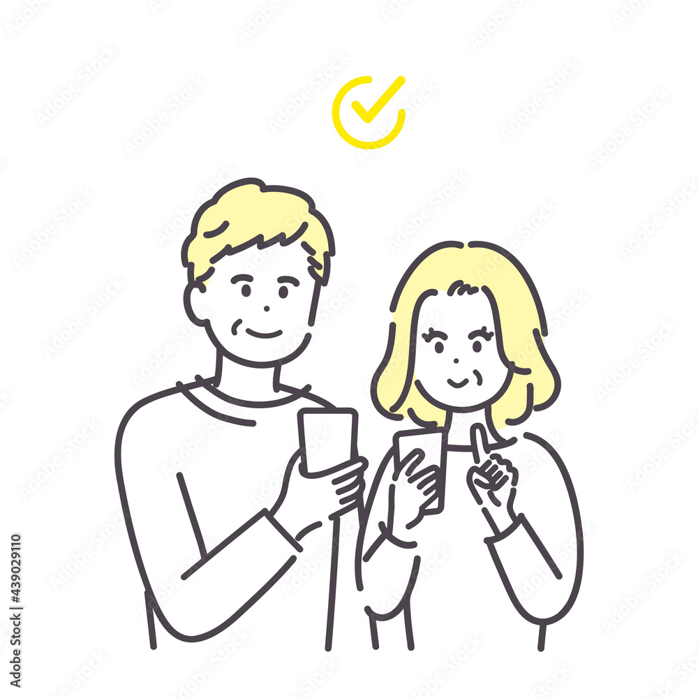 スマートフォンを見せ合うシニア男女のイラスト