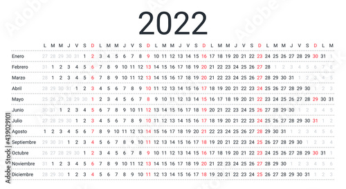 2022 Spanish calendar. Linear planner for year. Vector. Yearly horizontal calender template. Table schedule grid with 12 months. Week starts Monday. Landscape orientation. Simple design illustration.