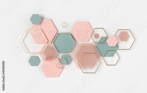 Hexagonal abstract background. Modern cellular honeycomb 3d panel with hexagons. Ceramic, concrete, glass tile. 3d wall texture. Geometric background for interior wallpaper design