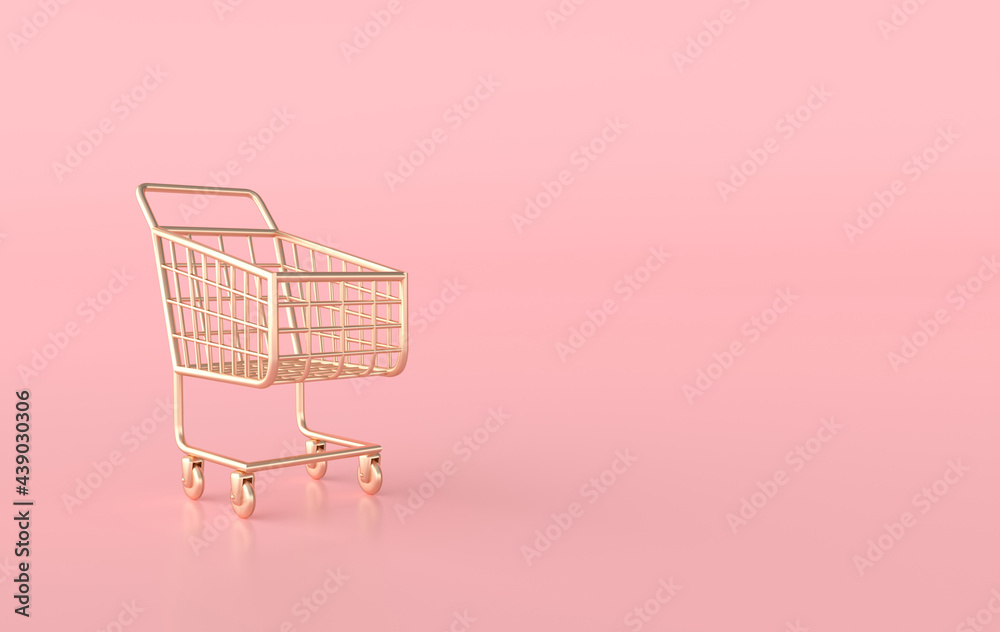Golden shopping cart on pink background 3d render