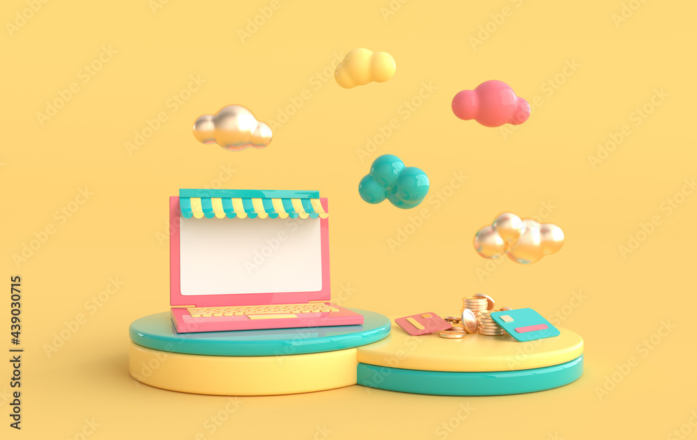 Laptop, clouds, coins and credit card on podium. Online shopping, payment concept 3d render