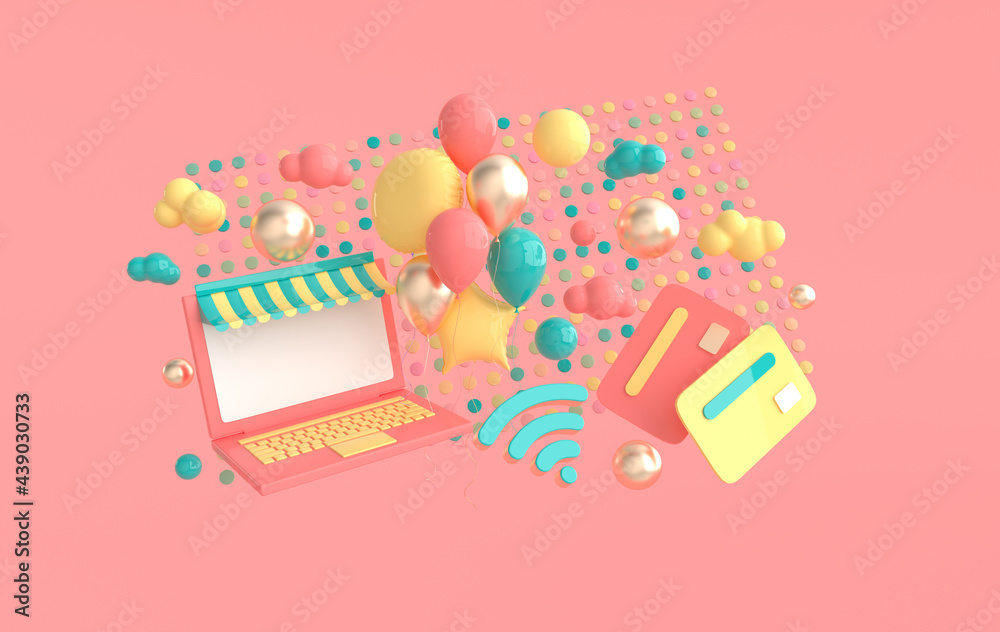 Fototapeta premium Laptop, credit card, balloons, wifi symbol, clouds. Online shopping and delivery concept 3d render