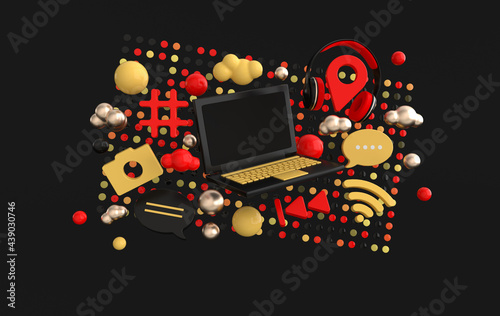 Chat, comment bubble, camera, hashtag, Wi Fi wireless network symbol, play icons, earphones and laptop. Social media, apps symbols 3d rendering