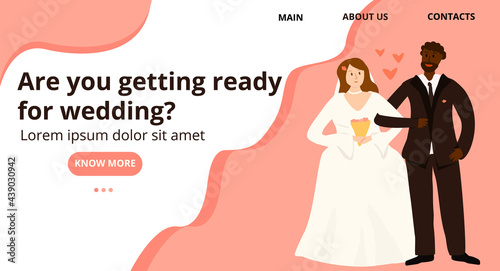 Design of landing page for wedding site. Vector illustration with happy couple.