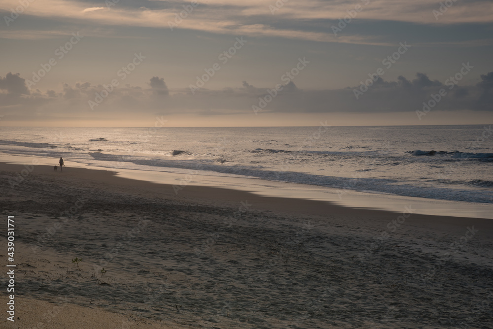 Obraz premium Beautiful early morning almost deserted beach. One person and one dog enjoying the peaceful solitude of the rhythmic waves.