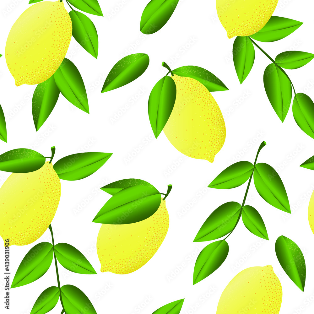 Yellow lemons with leaves on a white background. Seamless pattern with summer exotic organic fruits for fabrics, decorative pillows, interior design, kitchen textiles. Vector. Yellow lemons with leaves on a white background. Seamless pattern with summer exotic organic fruits for fabrics, decorative pillows, interior design, kitchen textiles. Vector.