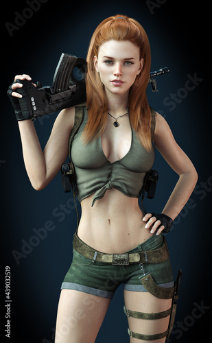 Portrait of a sexy battle born female soldier with long red hair ,automatic weapon,combat knife and a gradient background. 3d rendering 