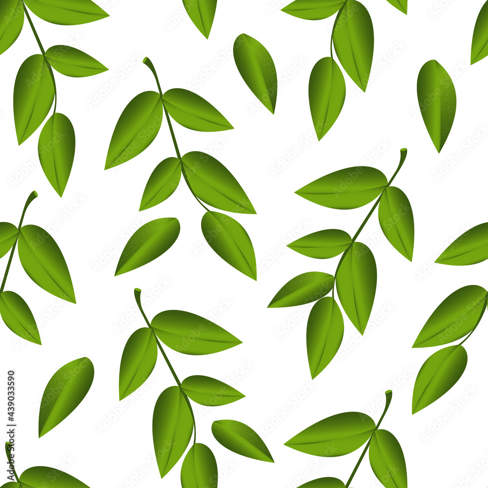 Green leaves on a white background. Seamless pattern with branches and foliage for fabrics, decorative pillows, interior design. 