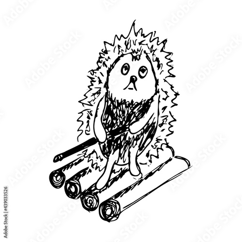 animal traveler, hedgehog on raft, fairytale character in outline style