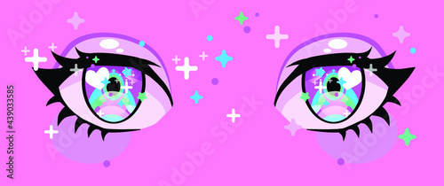 Close-up of the anime big cartoon eyes with long eyelashes and sparkles.