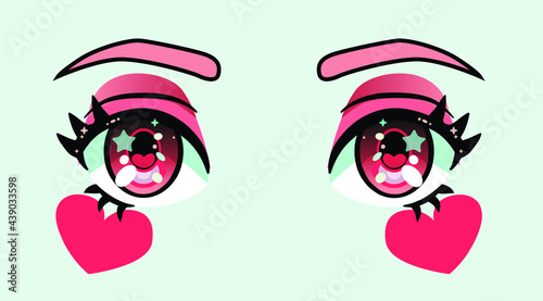 Close-up of anime big cartoon eyes with long eyelashes and sparkles.