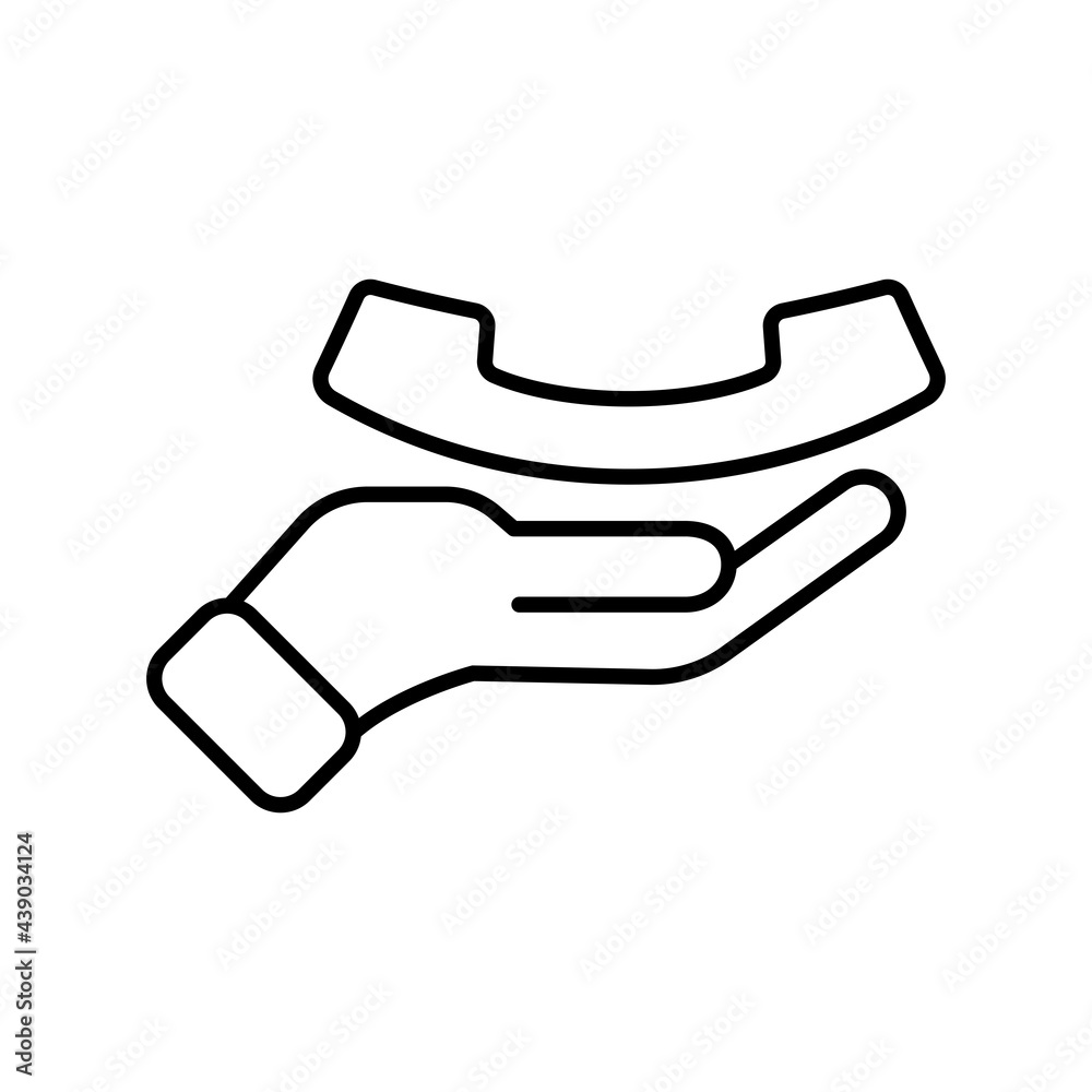Hand with phone simple line flat icon, telephone support symbol. Call us concept. Vector illustration Hand with phone simple line flat icon, telephone support symbol. Call us concept. Vector illustration