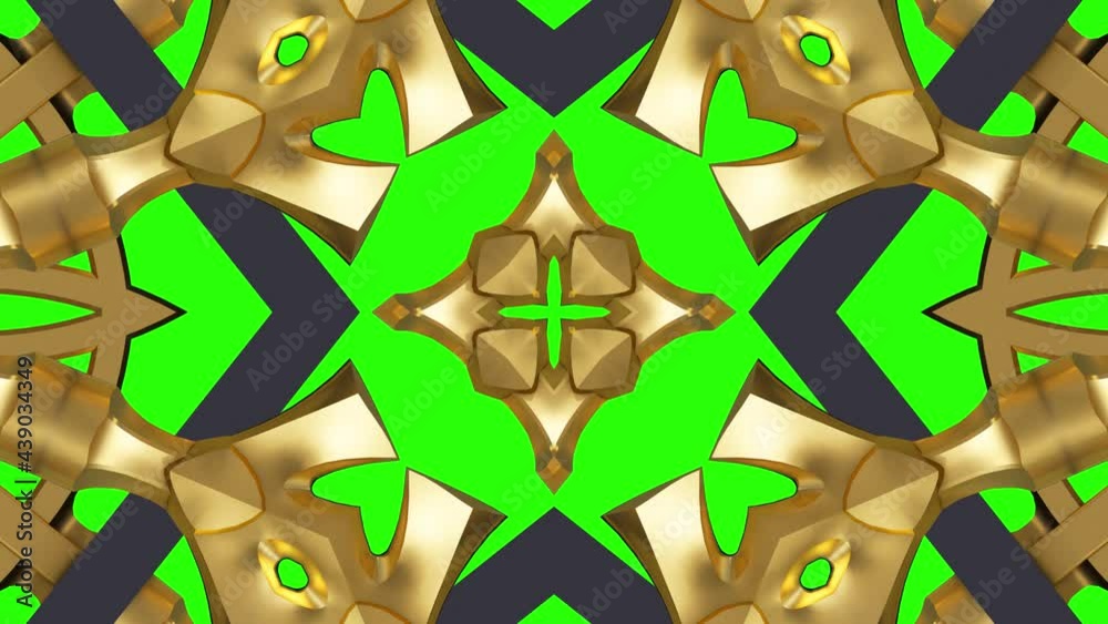 Seamless looping animation footage. 3D render. 3D gold. Green screen. Chroma key background. Kaleidoscopic background. Psychedelic motion design. Luxury jewelry. Dj loop. Vj loops. Transformations. 4K