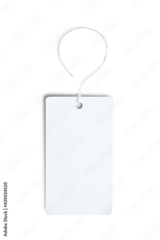 white paper label, price tag for clothing made of thick cardboard, isolate for clipping on a black background