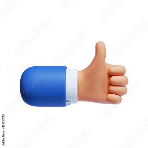 Thumb up icon. Cartoon character hand like gesture. Business clip art isolated on white background. Approval concept. 3d illustration.