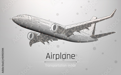 Polygonal commercial airliner. Flying passenger or cargo plane. Travel or air freight concept. wireframe. vector illustration. Low poly air transport model.  white background. plexus, triangle, dot