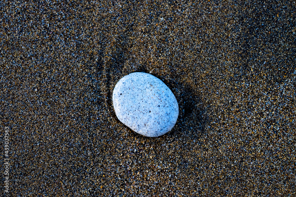 Jetsam and flotsam, a flat round white stone deposited by the sea on a sandy beach. Jetsam and flotsam, a flat round white stone deposited by the sea on a sandy beach.