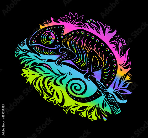 Doodle Iridescent Stylized Chameleon Isolated on Black Background. Hand Drawn Reptile Vector Illustration in Cartoon Style. Sketch for Tattoo or Print. Tropical Animal Collection. 