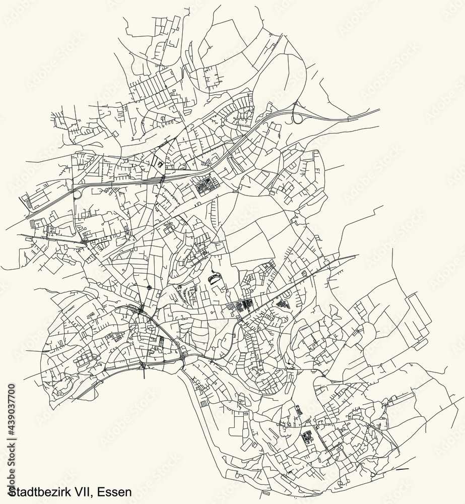 Fototapeta premium Black simple detailed street roads map on vintage beige background of the quarter Stadtbezirk VII (Steele-Kray) district of Essen, Germany