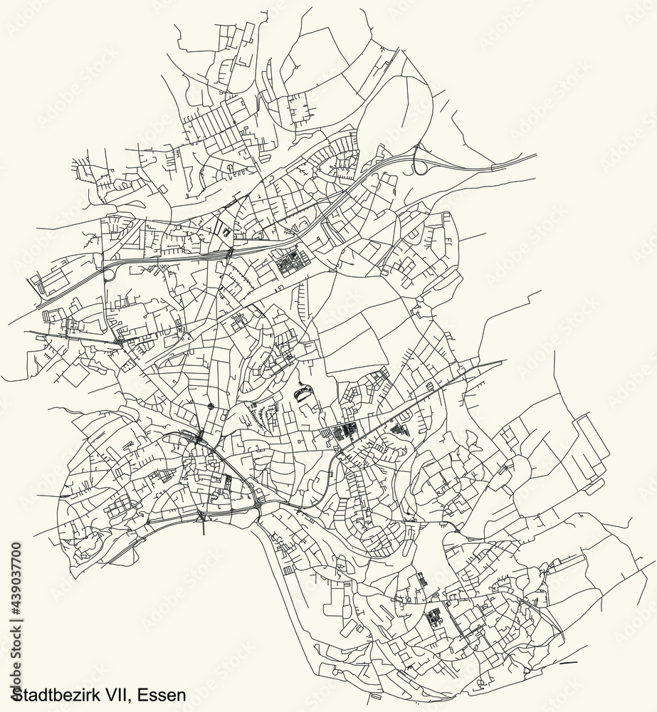 Black simple detailed street roads map on vintage beige background of the quarter Stadtbezirk VII (Steele-Kray) district of Essen, Germany