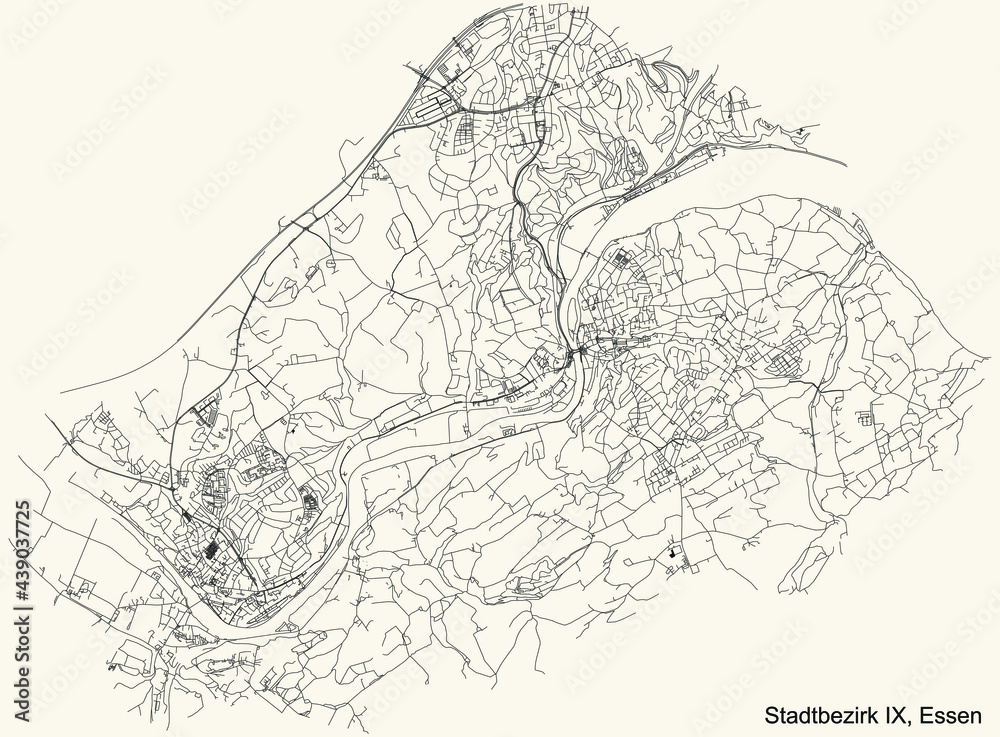 Fototapeta premium Black simple detailed street roads map on vintage beige background of the quarter Stadtbezirk IX (Werden-Kettwig-Bredeney) district of Essen, Germany