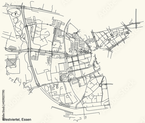 Black simple detailed street roads map on vintage beige background of the quarter Westviertel Stadtteil of Essen, Germany