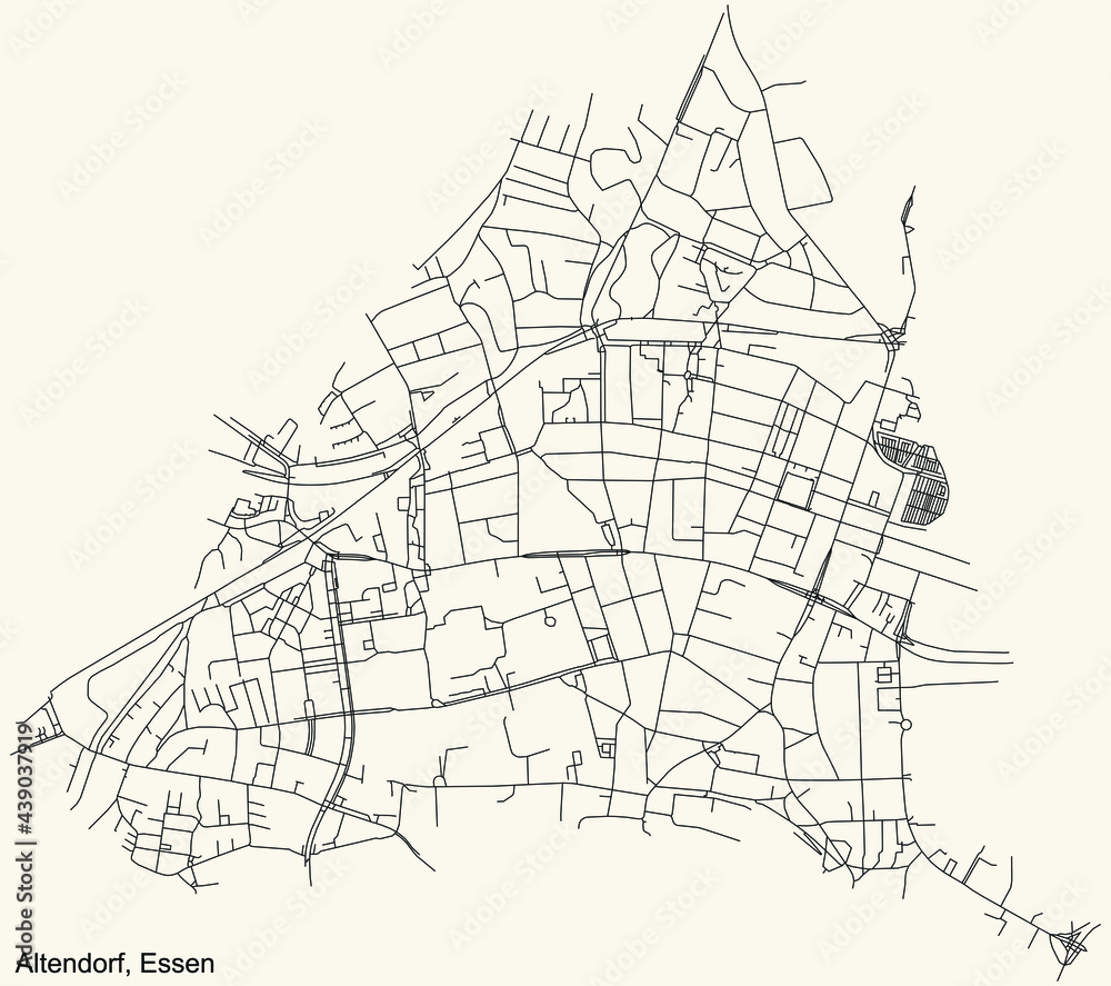 Black simple detailed street roads map on vintage beige background of the quarter Altendorf Stadtteil of Essen, Germany