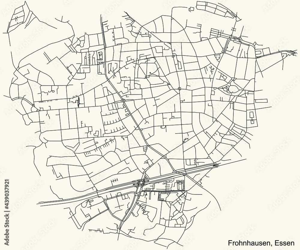 Black simple detailed street roads map on vintage beige background of the quarter Frohnhausen Stadtteil of Essen, Germany