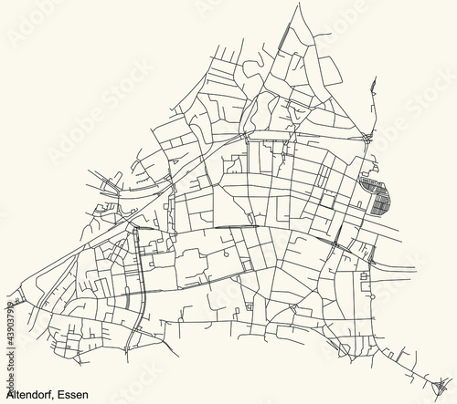 Black simple detailed street roads map on vintage beige background of the quarter Altendorf Stadtteil of Essen, Germany