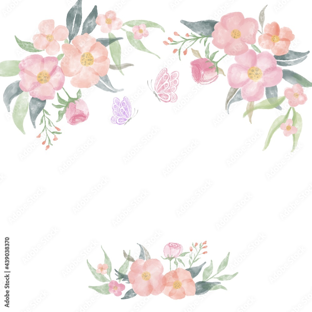Beautiful flowers frame. Invitation card, flowers, watercolor flowers, pink, spring.