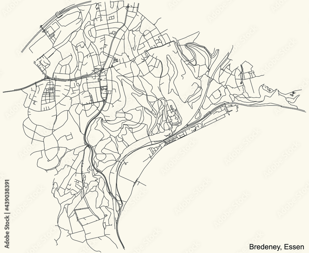 Fototapeta premium Black simple detailed street roads map on vintage beige background of the quarter Bredeney Stadtteil of Essen, Germany