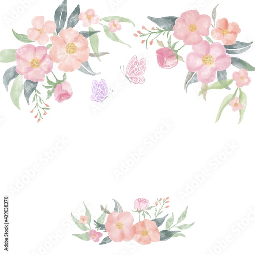 Beautiful flowers frame. Invitation card, flowers, watercolor flowers, pink, spring.