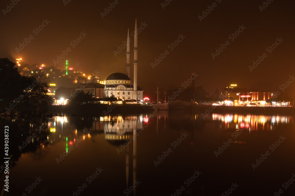 Mosque at Uzungol lake at night
