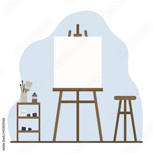 Canvas on an easel, a table with brashes and paint, a chair. Studio and workplace for artist. Flat minimal vector illustration. Room in classic interior.