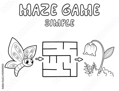 Simple Maze puzzle game for children. Outline simple maze or labyrinth game with butterfly and flower.